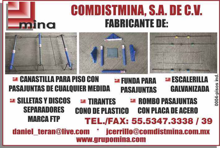 Fabricante de canastilla para piso con pasajuntas de cualquier medida, silletas y discos separadores marca ftp, funda para pasajuntas, tirantes cono de plastico, escalerilla galvanizada. 