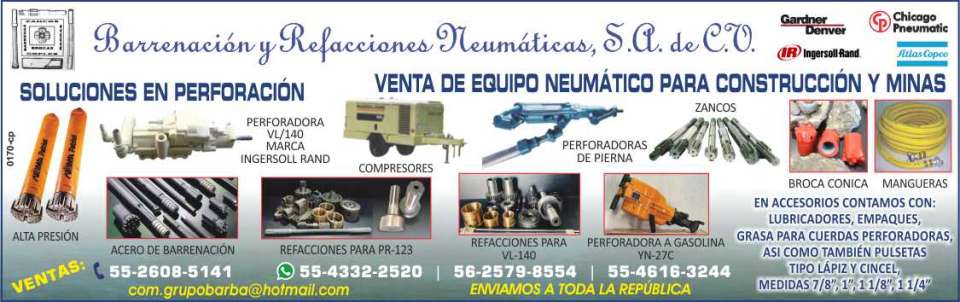 Venta y Reparacion de Equipo para Construccion, Minas y Neumatico. Numa Martillos de fondo y Brocas. Perforadoras, Zancos, Stenuick, Mangueras.