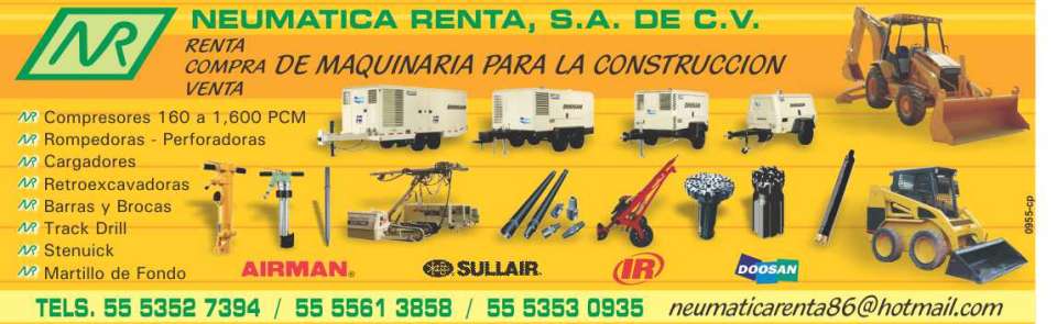 Compresores 160 a 1,600 PCM, Rompedoras- Perforadoras, Cargadores, Retroexcavadoras, Barras y Brocas, Track Drill, Stenuick, Martillo de Fondo, AIRMAN, Sullair, IR, Doosan,