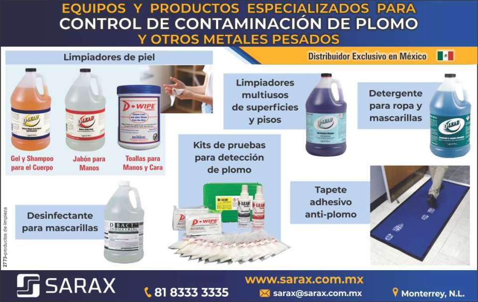 Equipos y Productos Especializados para Control de Contaminacion de Plomo y otros Metales Pesados. Limpiadores de Piel, Limpiadores multiusos de superficies y pisos, Detergente para ropa y marcarillas