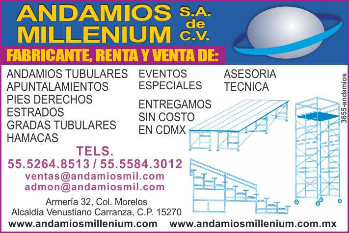 Fabricante, renta y venta de andamios tubulares, apuntalamientos, pies derechos, estrados, gradas tubulares, hamacas. Asesoria tecnica.