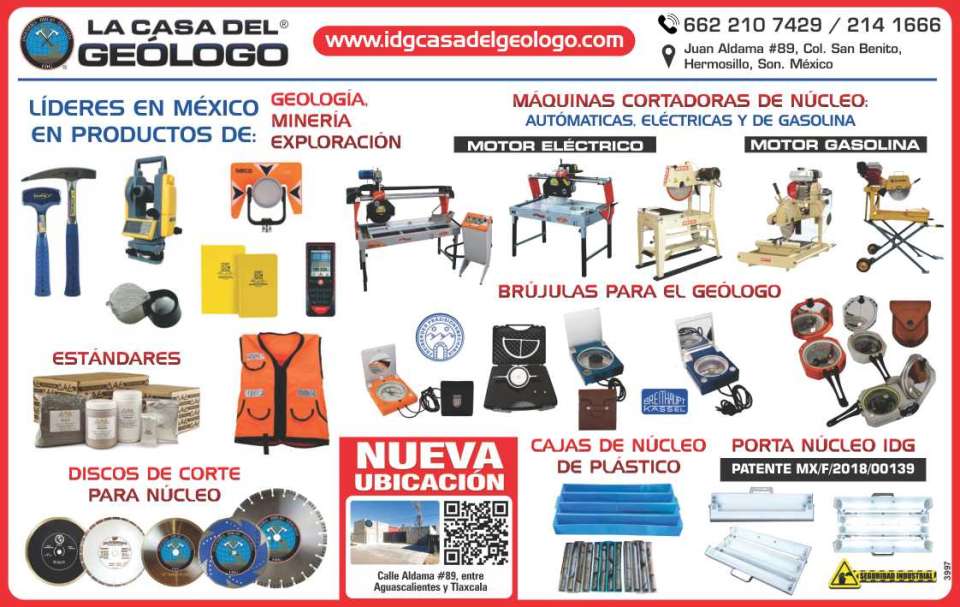 Brujulas para el Geologo, Cajas de Nucleo de Plastico, Porta Nucleo IDG, Discos de Corte para Nucleo, Productos Estandar para Mineria, Geologia y Exploracion.