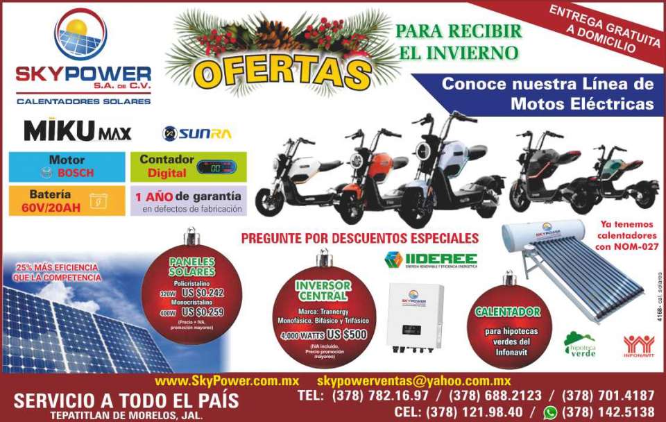 Calentadores solares, paneles solares, inversor central, microinversor, motos electricas, ahorro de energia