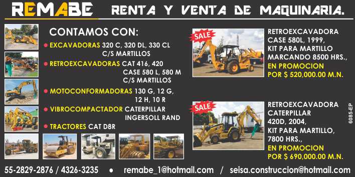 Renta, Venta, Equipo Pesado, Retroexcavadoras, Excavadoras, Motoconformadoras, Vibrocompactadores, Tractores, Proyectos de Construccion, obra civil, movimiento de tierras, Urbanizacion, Edificacion