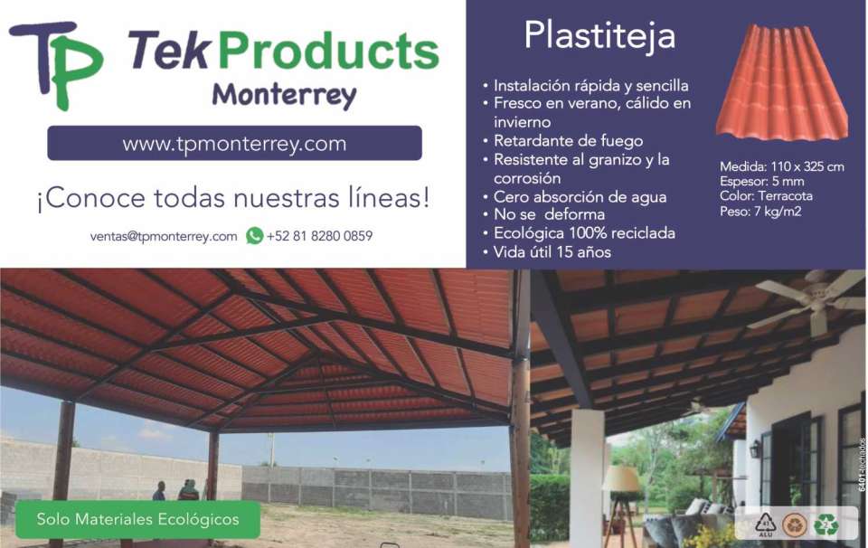 Plastiteja; Instalacion rapida y sencilla, Fresco en verano, calido en invierno, retardante de fuego,resistente al granizo y la corrosion,cero absorcion de agua,no se deforma, ecologica 100% reciclada