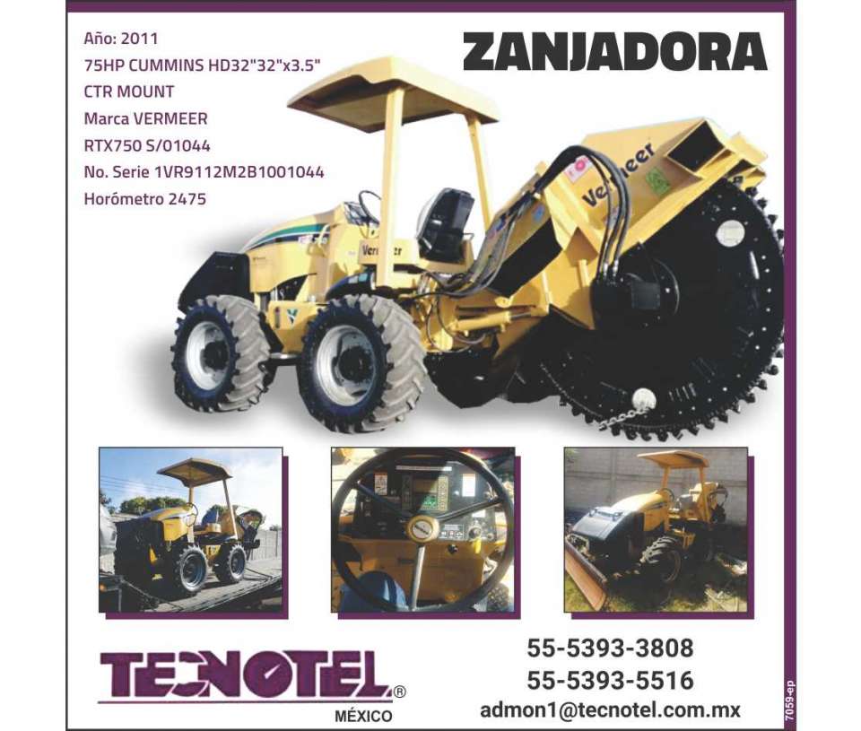 Zanjadora Vermeer, año 2011, 75HP Cummins HD32"32"x3.5" CTR MOUNT, RTX750 S/01044, Serie: 1VR9112M2B1001044, Horometro 2475