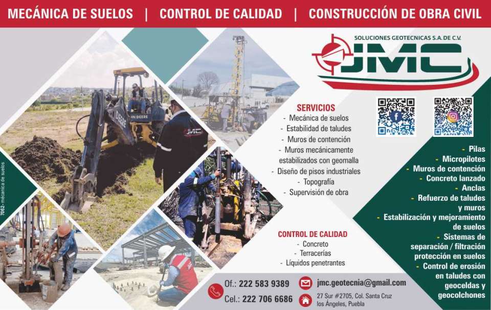 JMC Soluciones Geotecnicas. Servicios:Mecanica de suelos / Estabilidad de taludes / Muros de Contencion / Muros Mecanicamente estabilizados con geomalla / Diseño de pisos industriales / Topografia