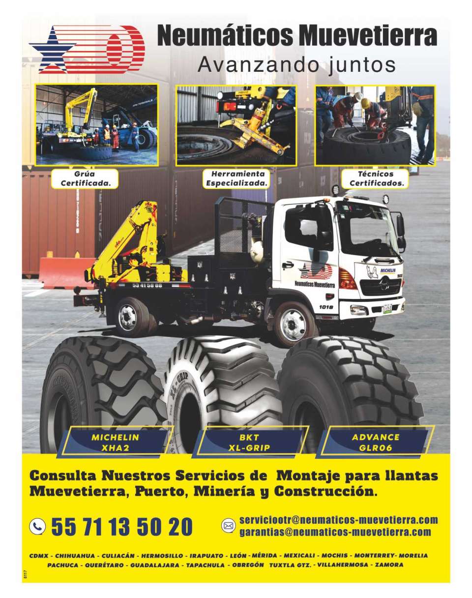 Servicios de Montaje para Llantas Muevetierra, Puerto, Mineria y Construccion. Grua Certificada, Herramienta Especializada, Tecnicos Certificados. Michelin XHA2, BKT XL-Grip, Advance GLR06