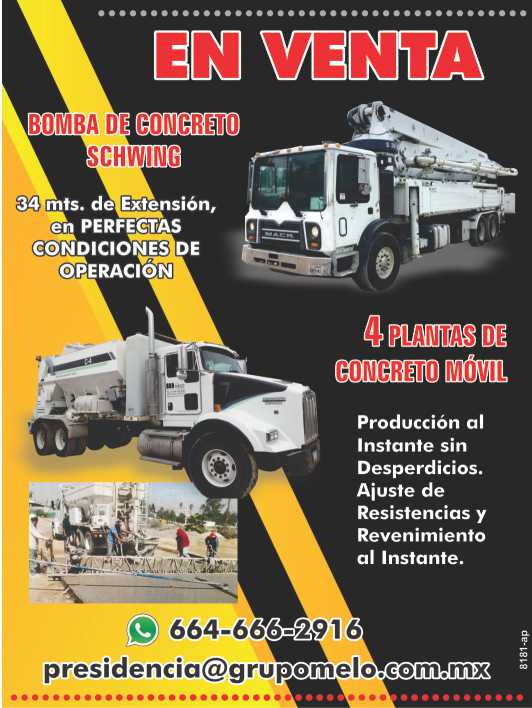 En VENTA Bomba de Concreto Schwing 34 mts. de extension, en Perfectas Condiciones de Operacion. 4 Plantas de Concreto Movil produccion al instante sin desperdicios.