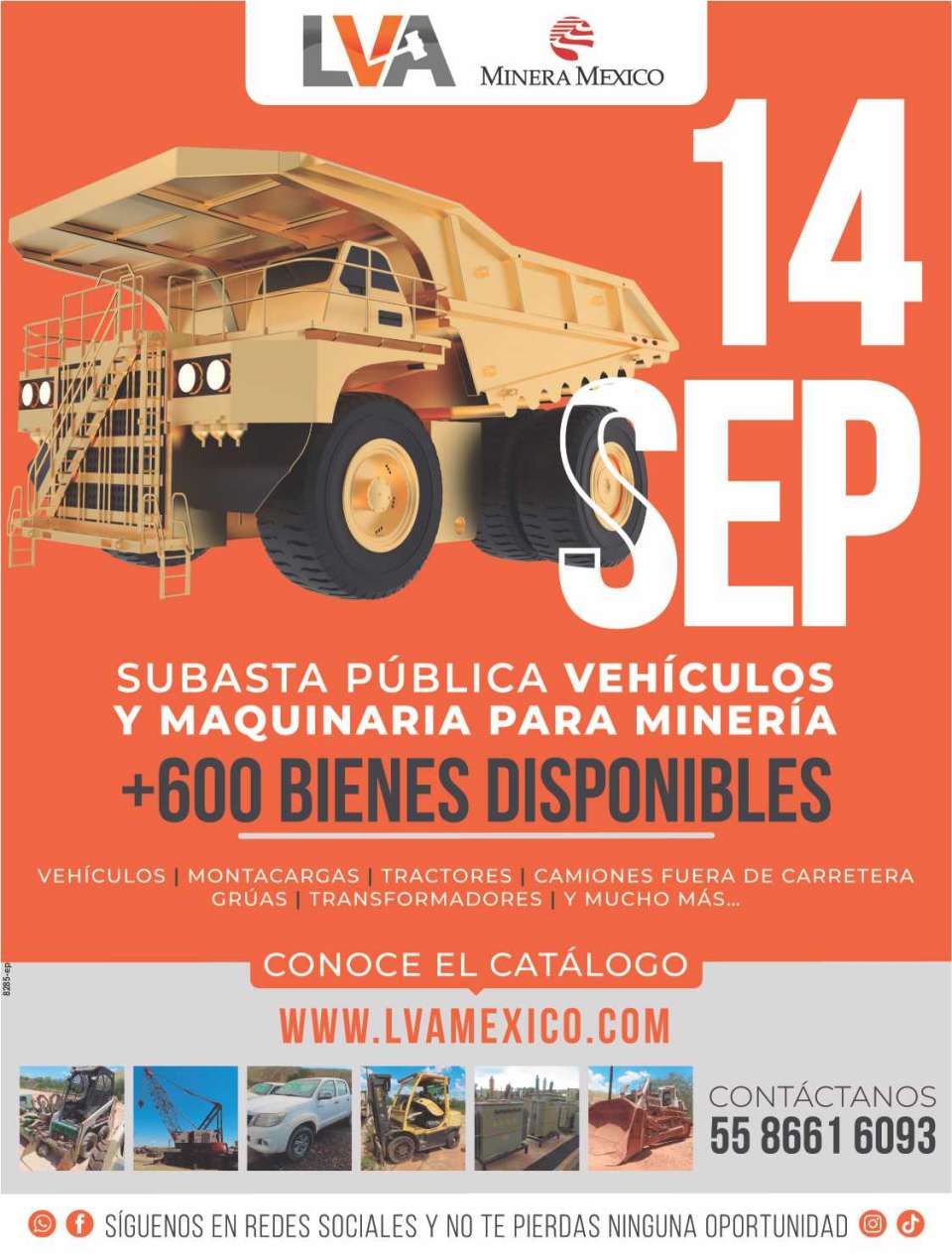 Subasta Publica-14 de Septiembre. LVA Minera Mexico. Vehiculos y Maquinaria para Mineria. Vehiculos, Montacargas, Tractores, Camiones fuera de carretera, Gruas, Transformadores y mucho mas...