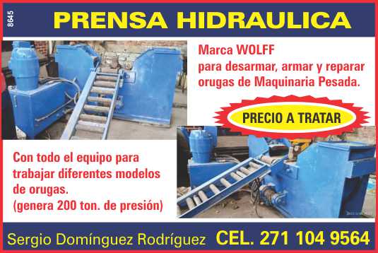 Prensa hidraulica marca Wolff, para desarmar, armar y reparar orugas de maquinaria pesada