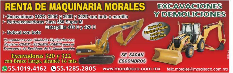 Excavaciones y Demoliciones, Excavadoras c/s bote-martillo, Retroexcavadoras Case 580 Super M, Cat 416C y 420D. Bobcat con Bote. Excavadoras 320-322 brazo largo, alcance de 16 mts. Registro Ramir.